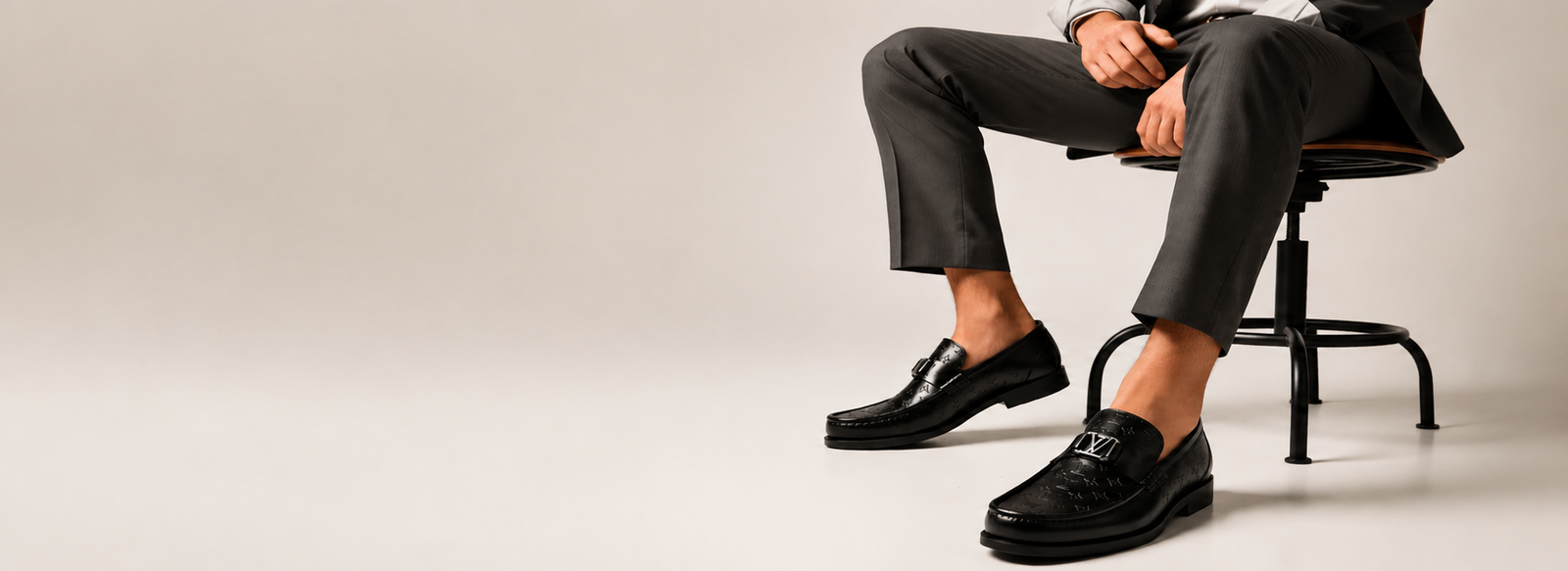 Man seated on stool wearing grey trousers and black embossed monogram leather bit loafers, alternate angle
