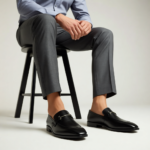 Men's Black Leather Loafers with Silver Bar Buckle | Shoe Emporium