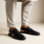Men's Black Crocodile-Embossed Leather Peshawari Kheri with Buckle | Shoe Emporium