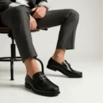 Men's Black Monogram-Embossed Leather Loafers with Buckle | Shoe Emporium