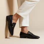 Pointed-Toe Black Leather Loafers with Silver Buckle | Shoe Emporium