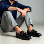 Men's Black Woven Leather Tassel Loafers with Gold Buckle | Shoe Emporium
