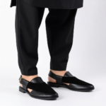 Men's Black Leather Cutout Peshawari Kheri with Buckle Strap | Shoe Emporium