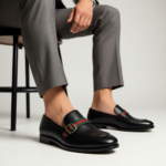 Men's Black Leather Loafers with Striped Web Strap | Shoe Emporium