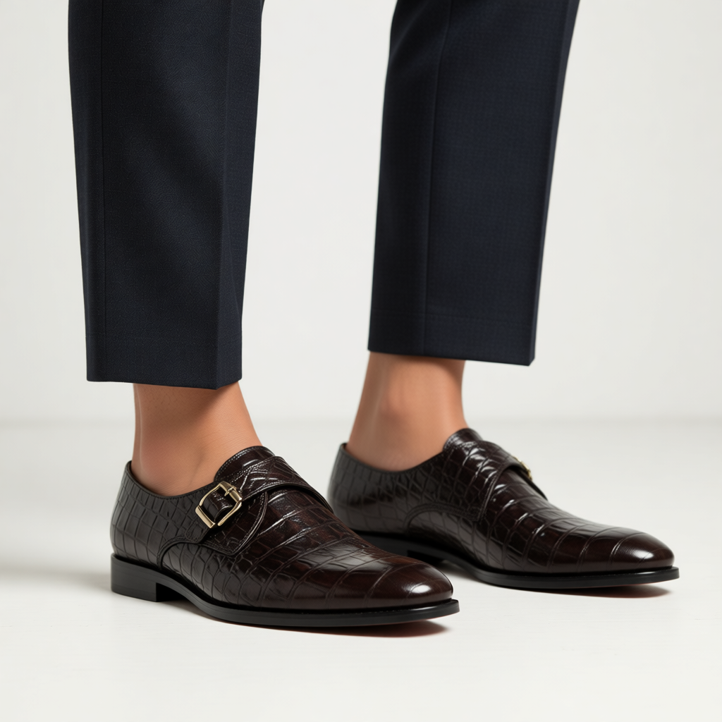 77353082d8e5f0a7-f6dca9fc-b618-4ad8-87aa-1fad631b591f-1786110750 Men's Brown Crocodile-Embossed Leather Monk Strap Shoes | Shoe Emporium - Image 1
