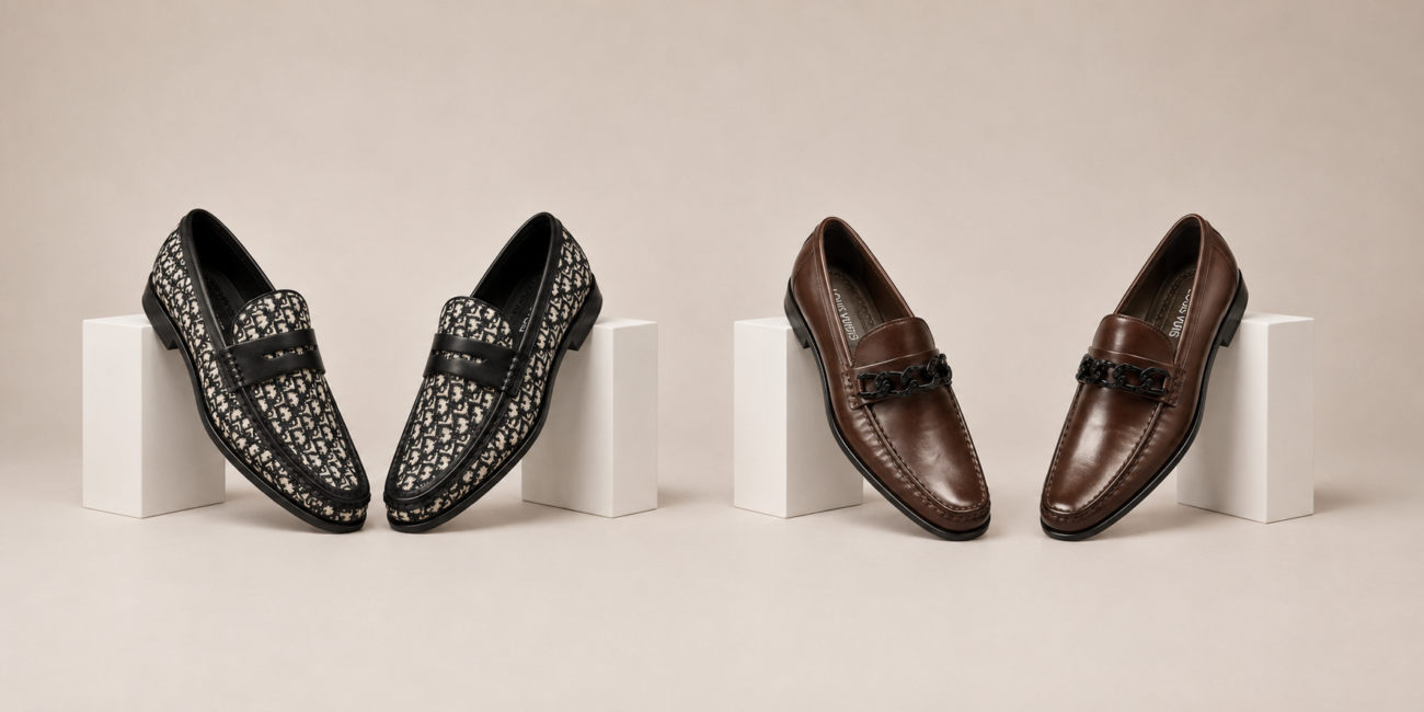 Two pairs of penny loafers — monogram-patterned black and white, and brown leather with chain detail — displayed on white blocks