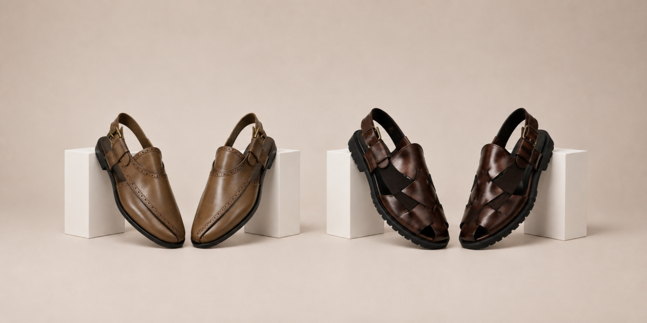 Two pairs of leather sandals — taupe backless brogue mules and brown woven fisherman sandals — displayed on white blocks