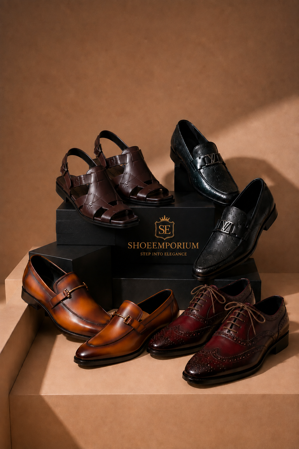 Shoe Emporium display of six men's leather shoes — sandals, loafers, and brogues — on black branded boxes