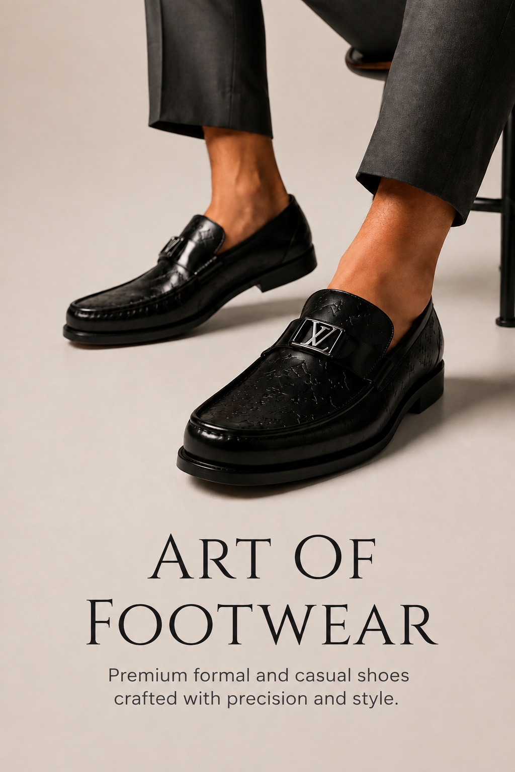 A pair of premium black leather loafers with a sleek design, polished finish, and distinctive metal buckle detail, styled with black formal trousers.