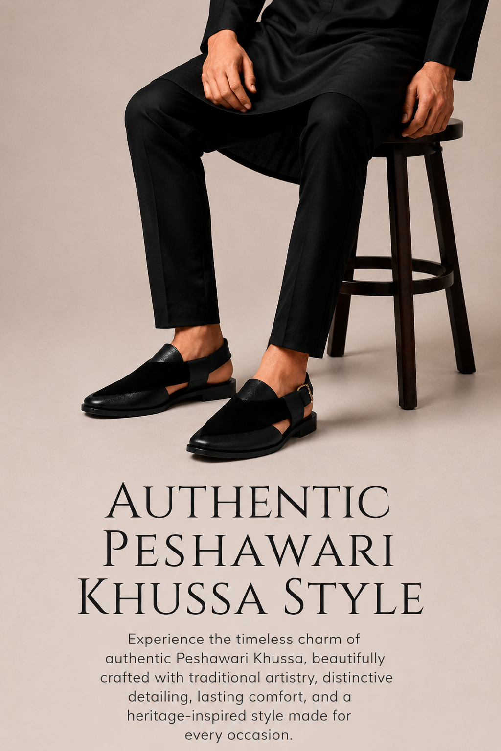 A man wearing traditional black leather Peshawari chappal, also known as Kheri, paired with black trousers.