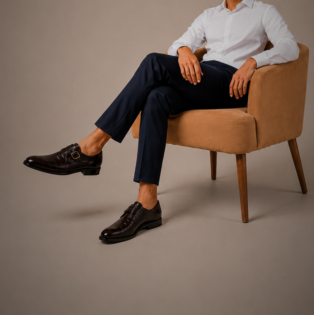 A man wearing stylish black leather formal shoes with a sleek buckle detail, paired with navy trousers.