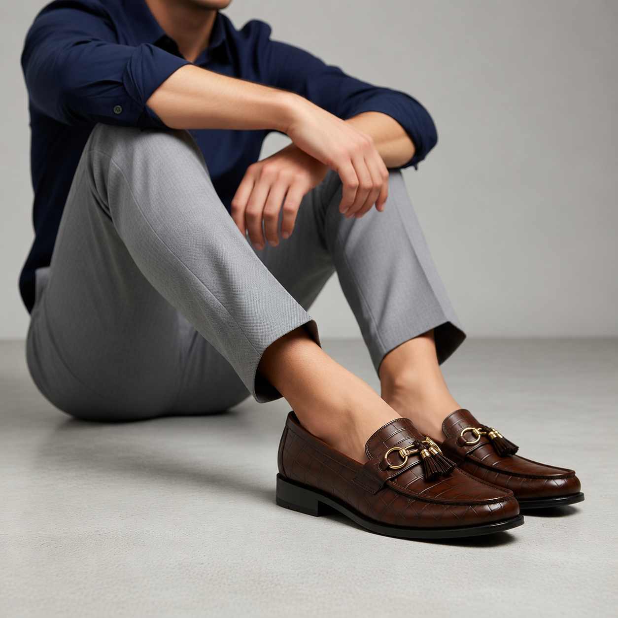 ChatGPT Image Aug 7, 2026, 02_14_17 AM Men's Brown Crocodile-Embossed Leather Tassel Loafers | Shoe Emporium - Image 1