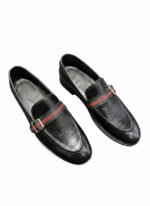 Men's Black Leather Loafers with Striped Web Strap | Shoe Emporium - Image 2