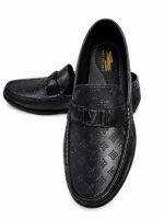 Men's Black Monogram-Embossed Leather Loafers with Buckle | Shoe Emporium - Image 2