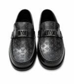 Men's Black Monogram-Embossed Leather Loafers with Buckle | Shoe Emporium - Image 5