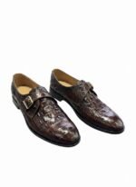 Men's Brown Crocodile-Embossed Leather Monk Strap Shoes | Shoe Emporium - Image 3