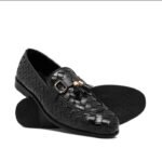 Men's Black Woven Leather Tassel Loafers with Gold Buckle | Shoe Emporium - Image 4