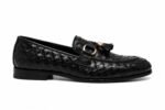 Men's Black Woven Leather Tassel Loafers with Gold Buckle | Shoe Emporium - Image 2