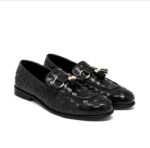 Men's Black Woven Leather Tassel Loafers with Gold Buckle | Shoe Emporium - Image 3