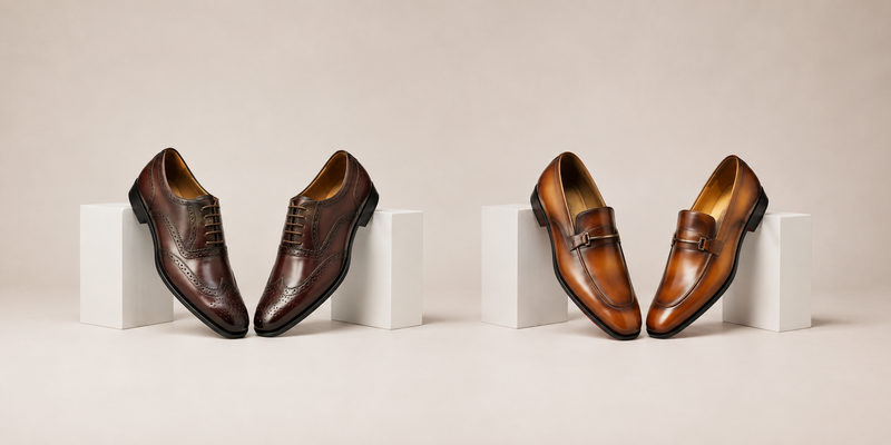 Two pairs of leather dress shoes — dark brown brogue oxfords and tan bit loafers — displayed on white blocks